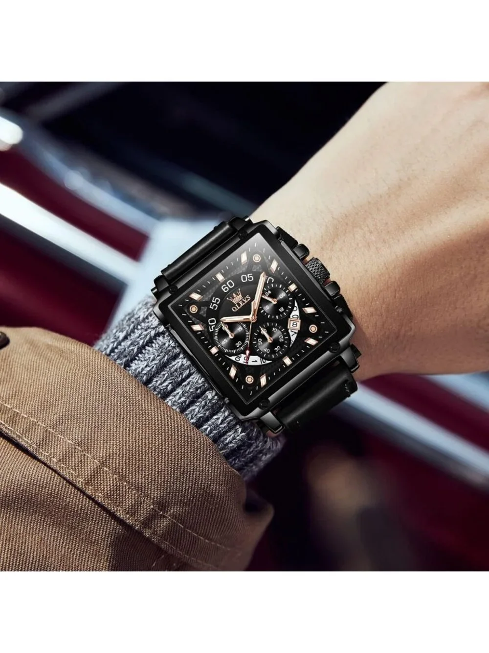 Men's Jet Black Leather Chronograph Watch Big Face Waterproof Luminous Watch